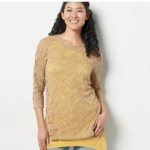 LOGO Layers Tan Sheer Lace Tunic Top Size Large, Lace Tunic in Tan